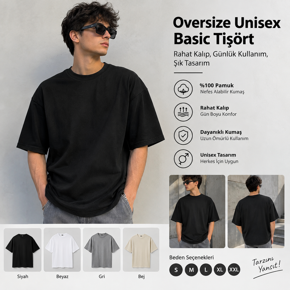 Oversize Unisex Basic Tişört – Rahat Kalıp, Günlük Kullanım, Şık Tasarım